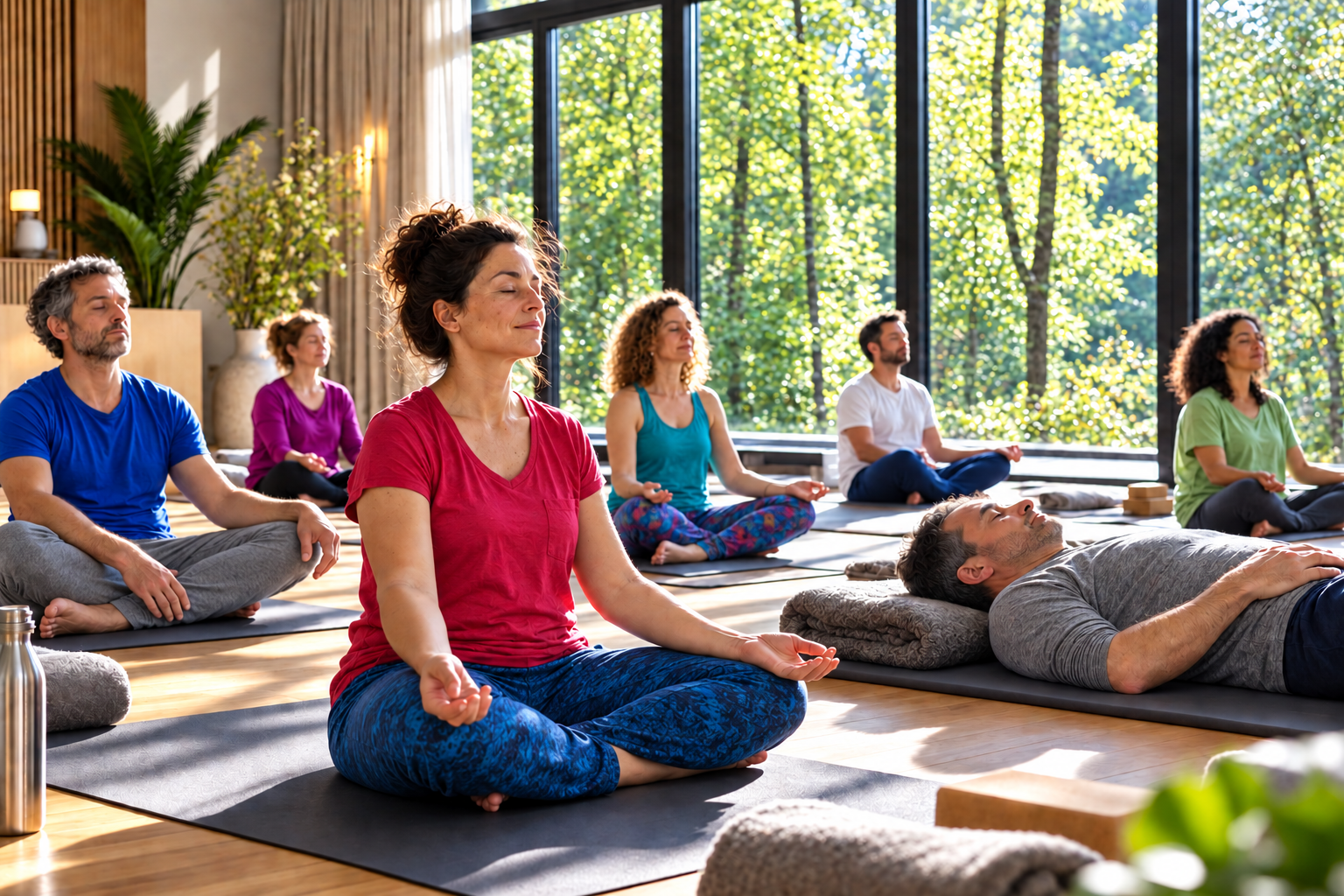 Groupe d’adultes participant à une séance douce de Yoga Synergy dans une salle lumineuse.