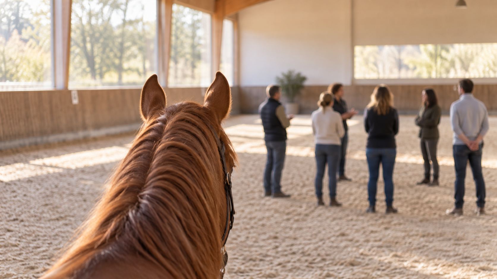 Une équipe observe un cheval pendant le workshop d'équi-coaching Move as One.