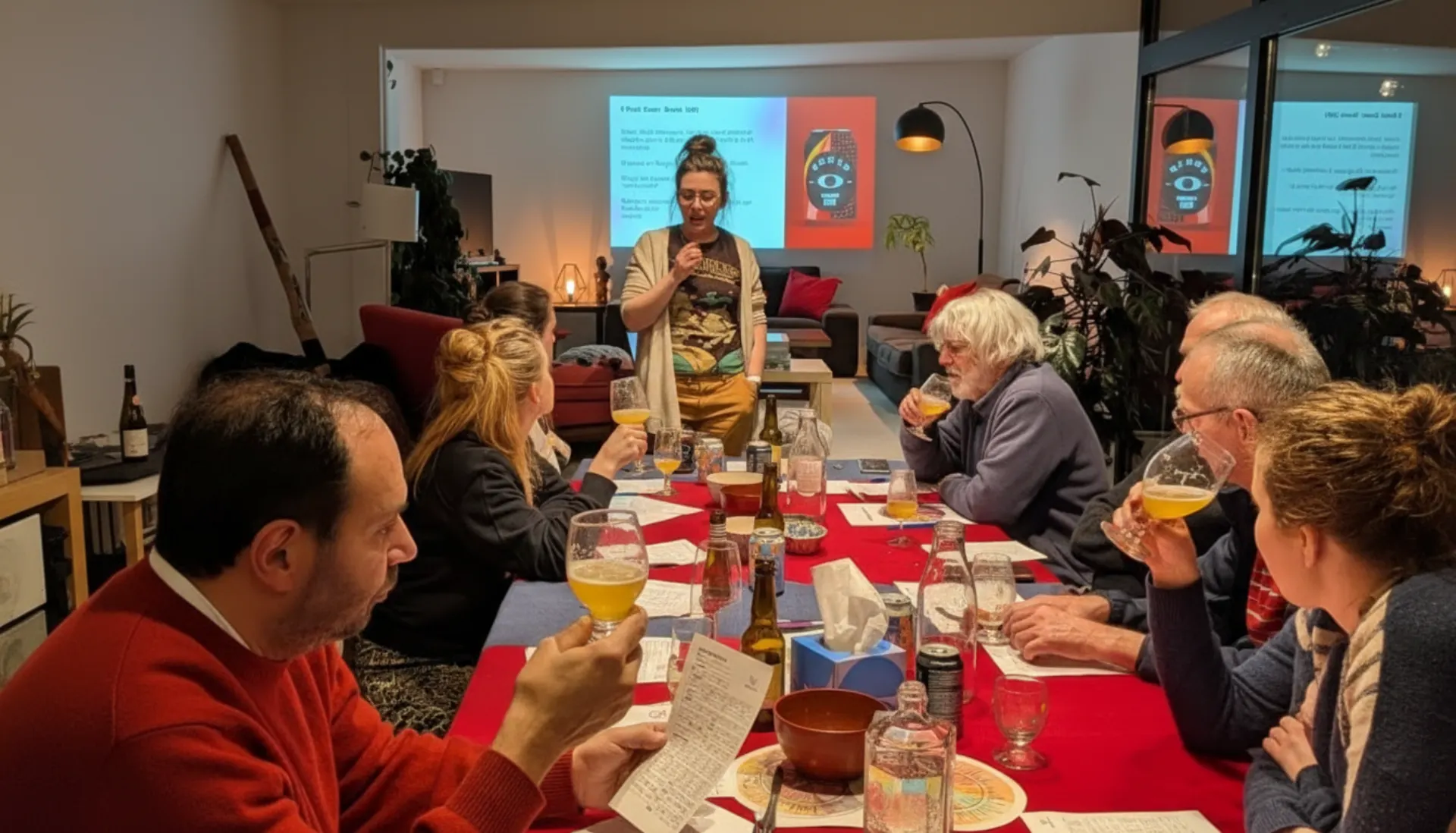 Atelier de dégustation de bières guidé par une zythologue devant un groupe de participants.