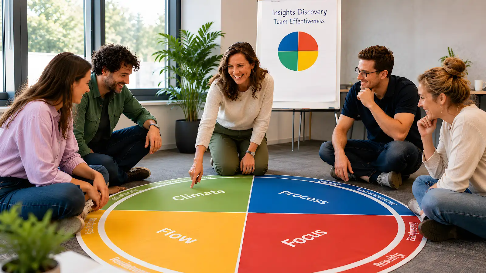 Une équipe observe sa dynamique autour de la roue Insights Discovery Team Effectiveness.
