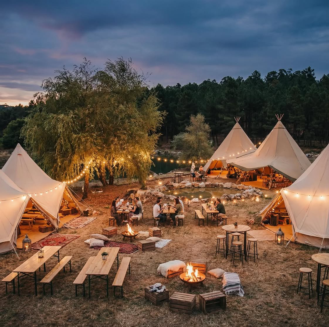 Des tipis illuminés au crépuscule et des convives réunis autour de tables en bois