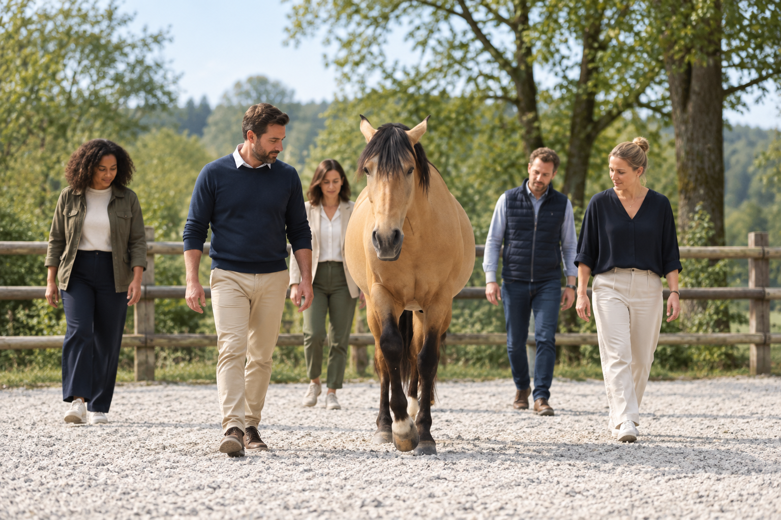 Participants et cheval lors d’un workshop d’équipe 5 Roles of a Master Herder™