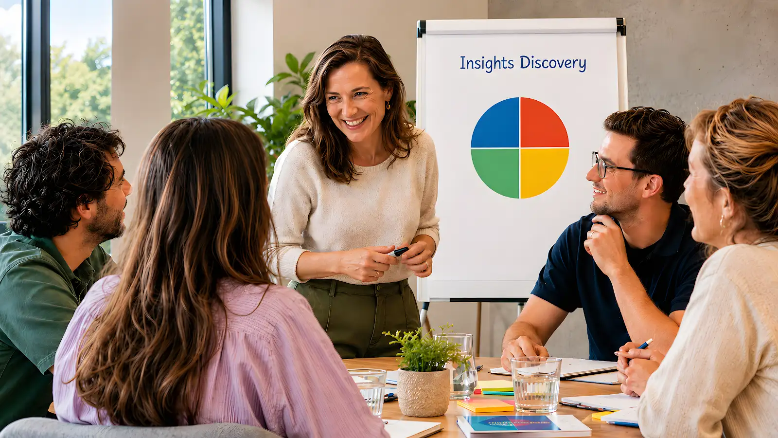 Une facilitatrice échange avec une équipe autour des quatre énergies de couleur Insights Discovery.