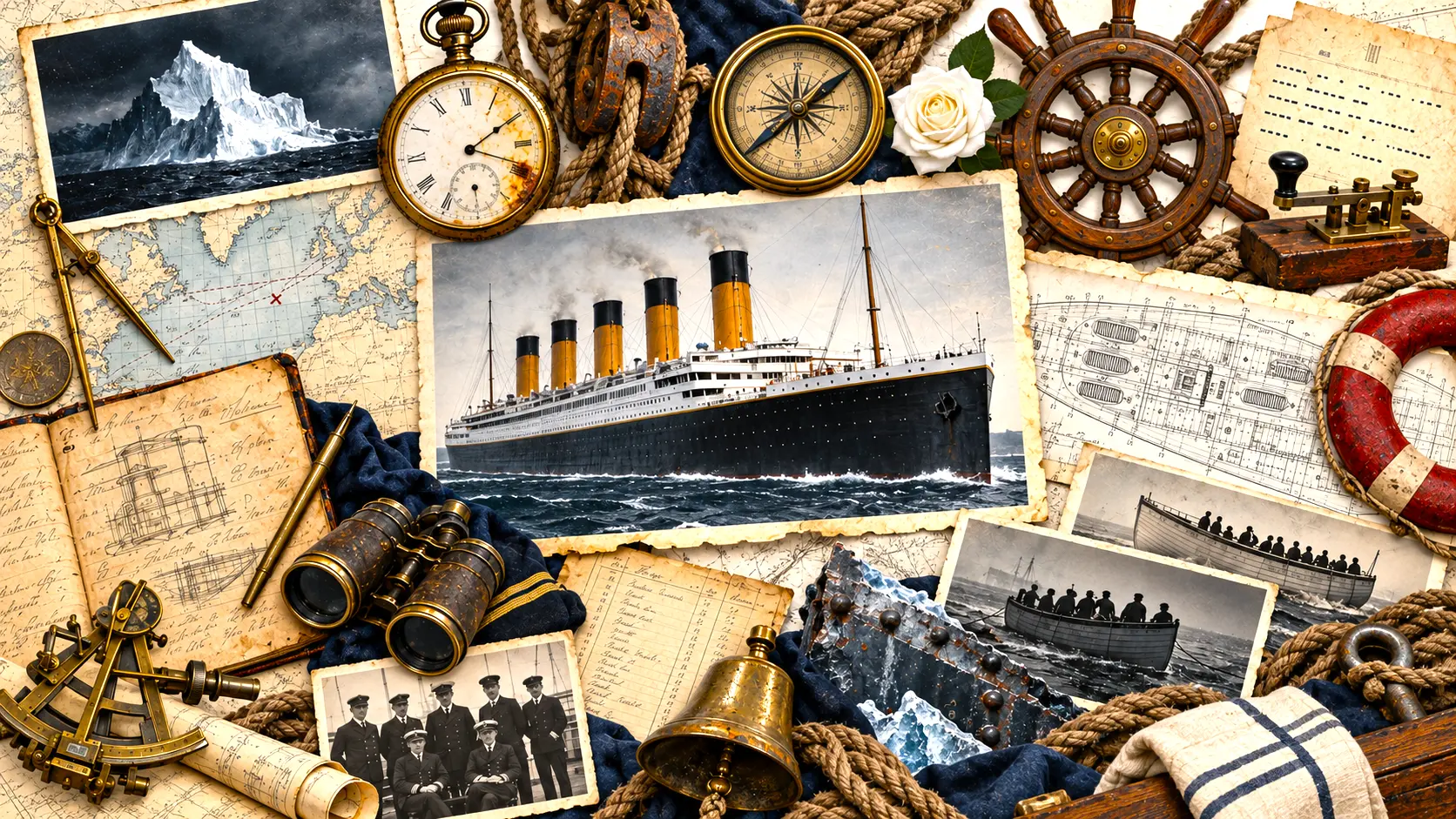 Collage d’objets et de documents d’époque évoquant le Titanic : photographies, cartes marines, boussole, barre et bouée de sauvetage.
