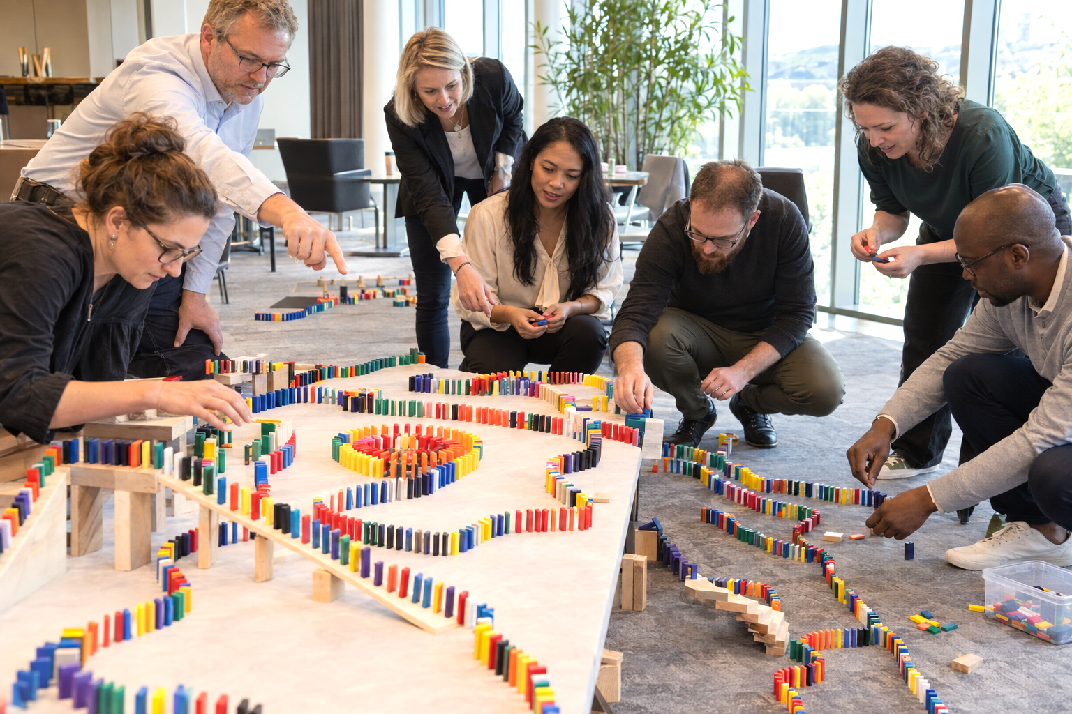 Une équipe construit ensemble une cascade de dominos colorés, concentrée sur la précision de chaque geste.