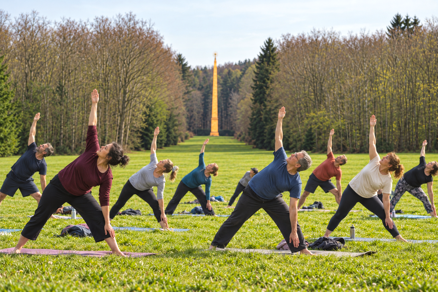 Femmes et hommes participant à une séance collective de mouvement en plein air, face à l’obélisque du Domaine Solvay.