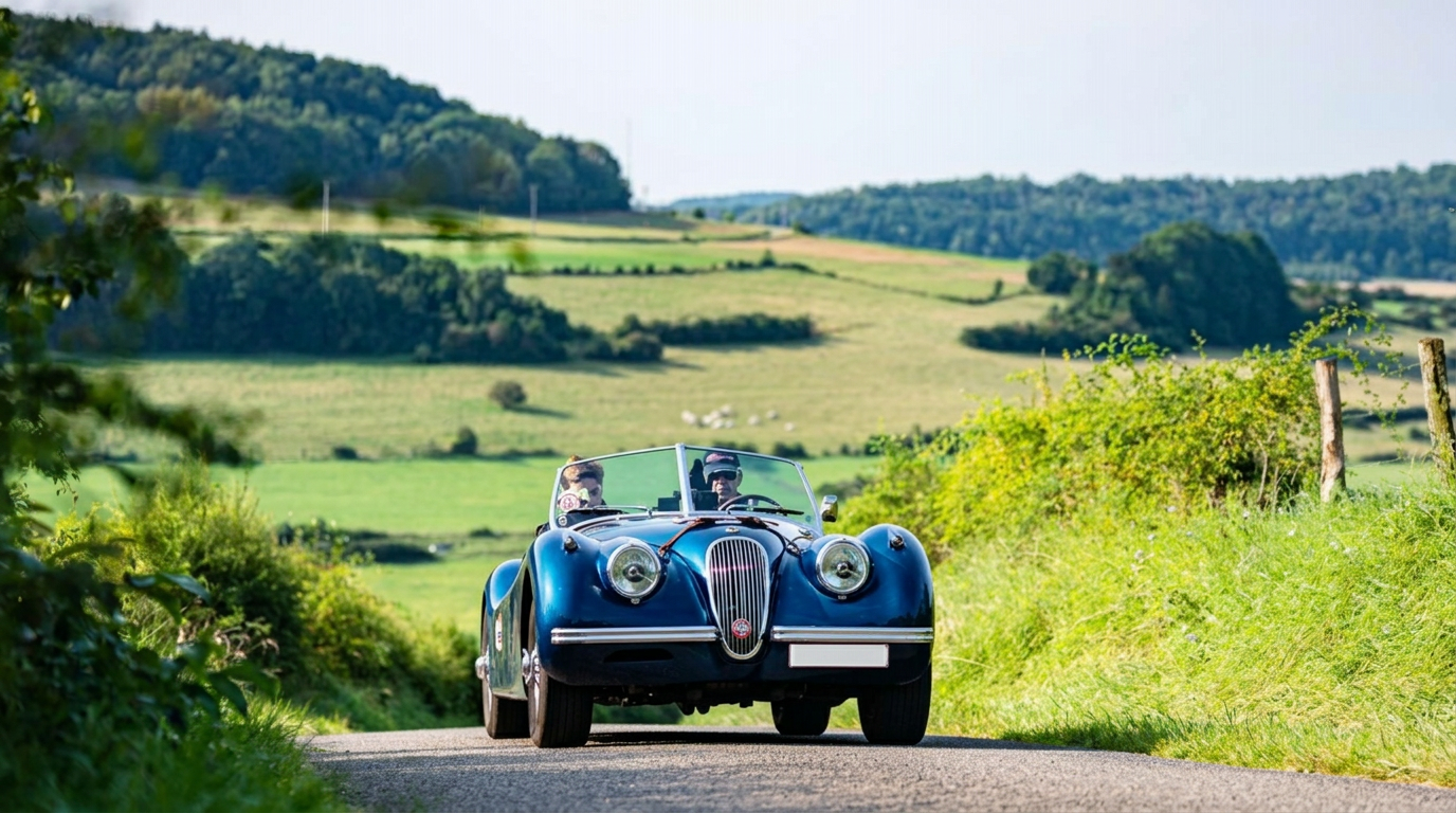 Une voiture ancienne bleue sur une route de campagne lors d'un rallye oldtimer