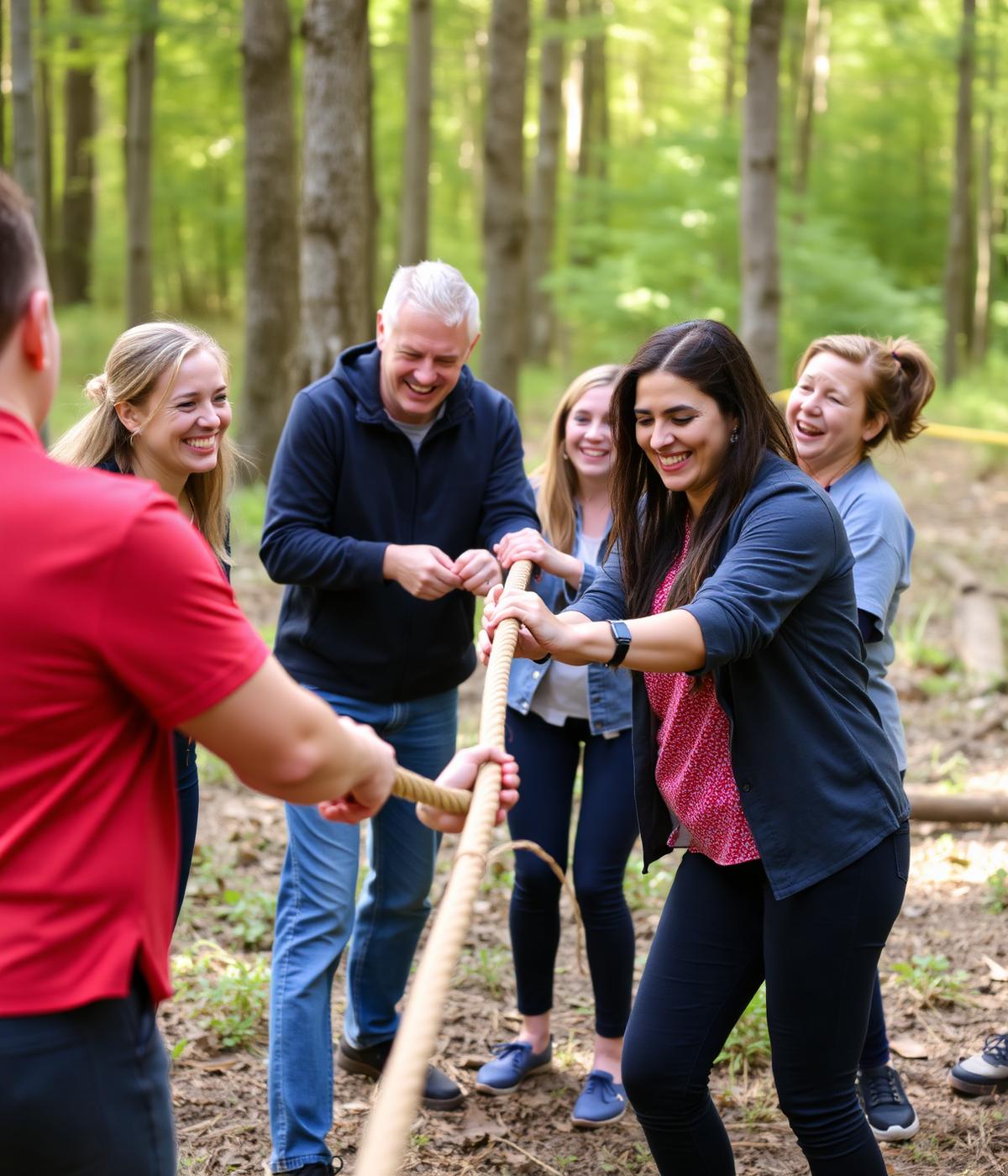 Une équipe en plein défi coopératif en forêt